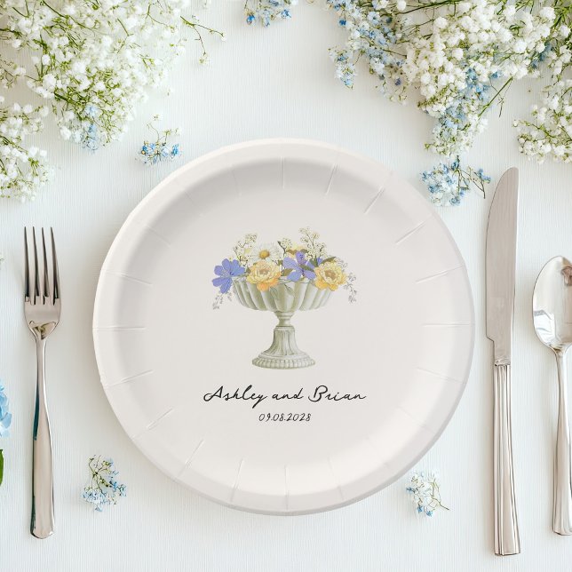 Romantic Tuscan Garden Urn with Flowers Wedding Paper Plate (Creator Uploaded)