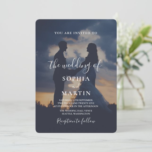 Romantic Twilight Silhouette Photo Script Wedding  Invitation (Standing Front)