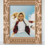 Romantic Two Heart Scroll Newlywed Wedding Photo   Etched Frames<br><div class="desc">Romantic Two Hearts Scroll Newlywed Wedding Photo Laser Etched Wood Frames. Bride and Groom's Names at top of frame with a heart in each top corner. Five Years Down and Forever to Go at the bottom. Perfect for newlyweds 1st Christmas or for A 5th Wedding Anniversary Gift, according to tradition...</div>