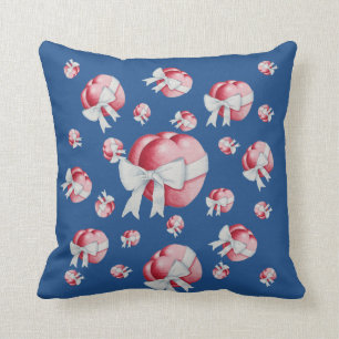 Romantic two red love hearts and white bow cushion