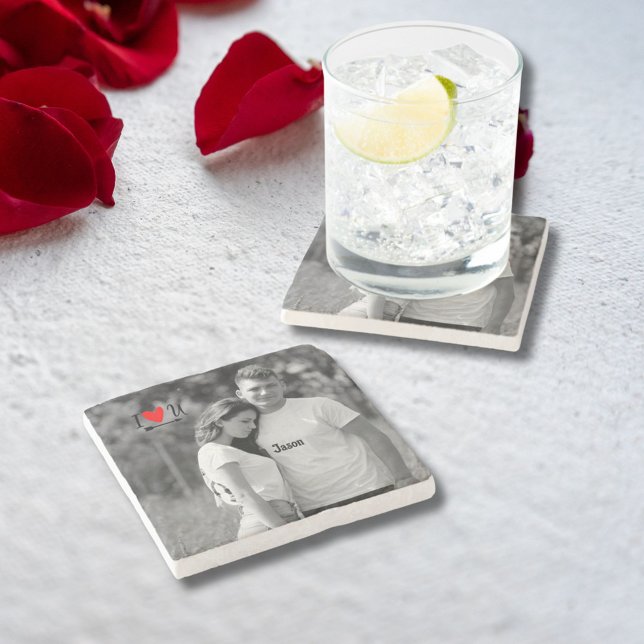 Romantic Valentine Couple Photo I Red Heart U Name Stone Coaster (Creator Uploaded)