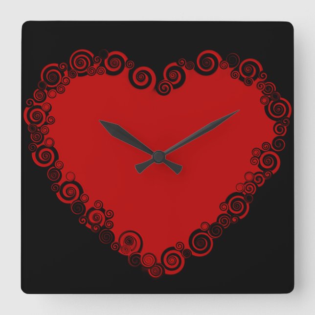 Romantic Valentine Love Heart Red Square Wall Clock (Front)