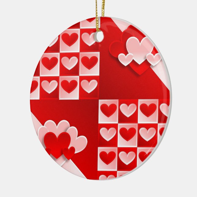 Romantic Valentine Love Hearts Red White Heart Ceramic Ornament (Left)