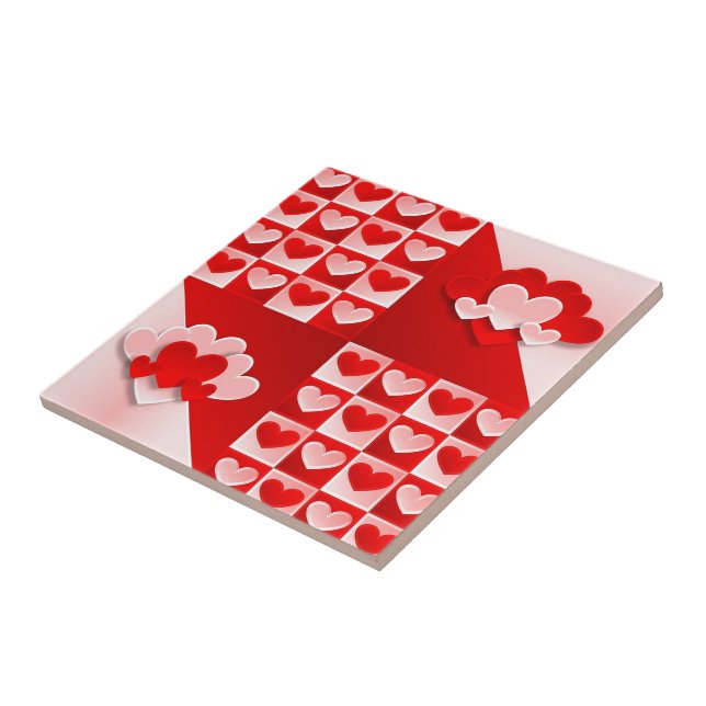 Romantic Valentine Love Hearts Red White Heart Ceramic Tile (Side)