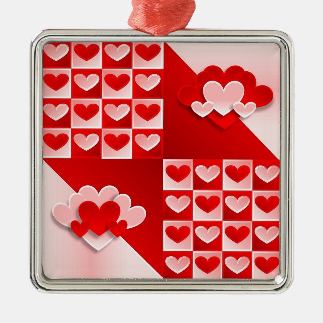 Romantic Valentine Love Hearts Red White Heart Metal Ornament (Front)