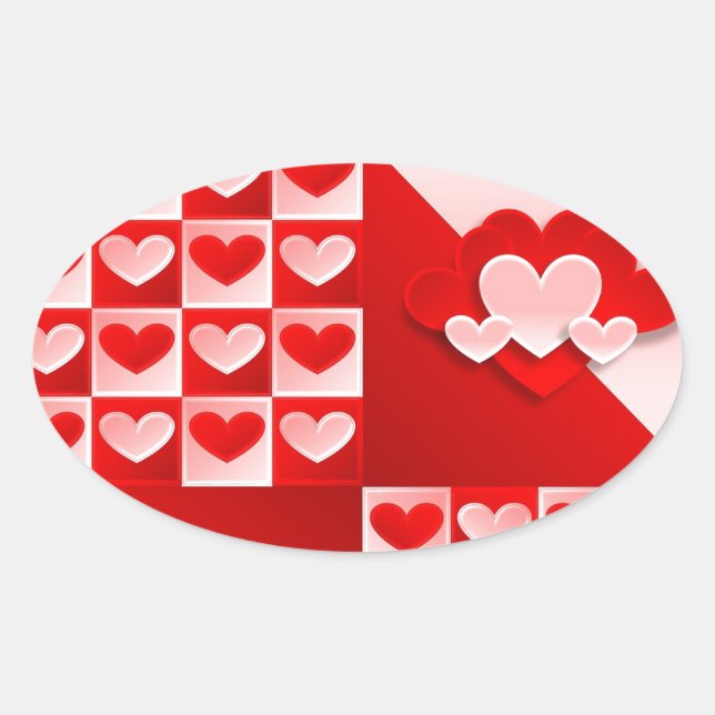 Romantic Valentine Love Hearts Red White Heart Oval Sticker (Front)