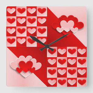 Romantic Valentine Love Hearts Red White Heart Square Wall Clock