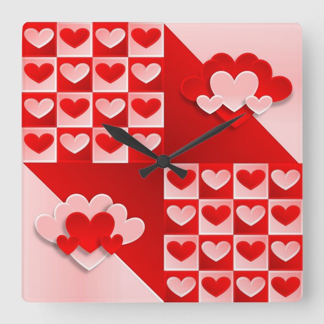 Romantic Valentine Love Hearts Red White Heart Square Wall Clock (Front)