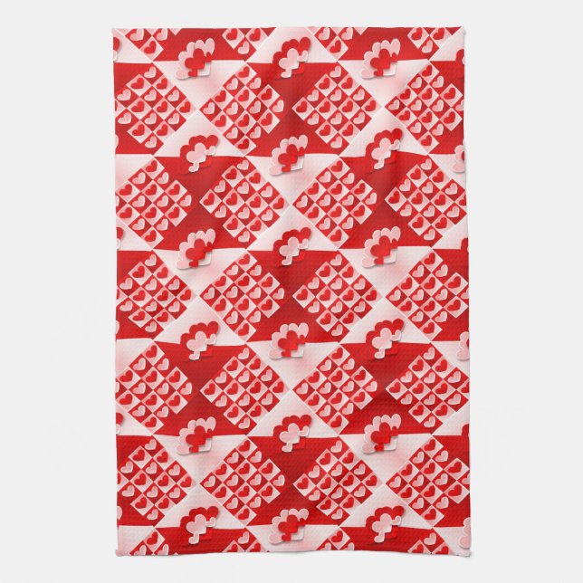 Romantic Valentine Love Hearts Red White Heart Tea Towel (Vertical)