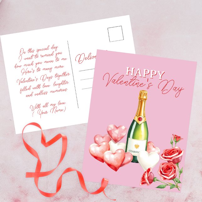 Romantic Valentine's Day Champagne Roses & Hearts Postcard (Creator Uploaded)