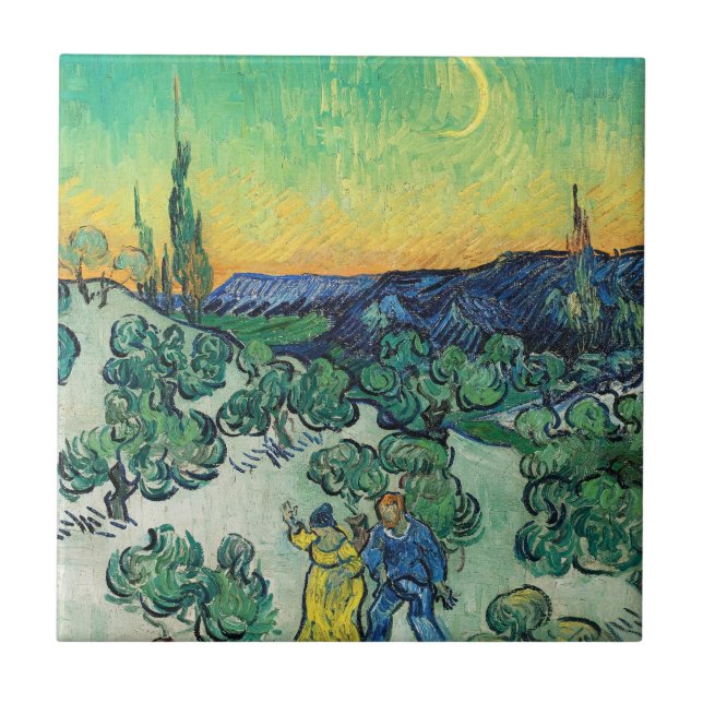 Romantic Van Gogh Couple Walking Under Moon Ceramic Tile (Front)