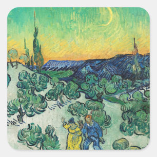 Romantic Van Gogh Couple Walking Under Moon Square Sticker