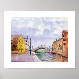 Romantic Venice Watercolor – Canal Bridge View Poster