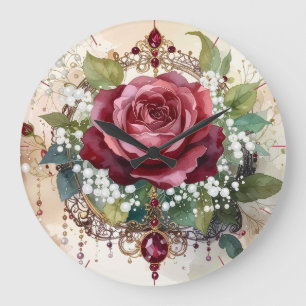 Romantic Victorian Elegant Red Rose and Rubies Large Clock