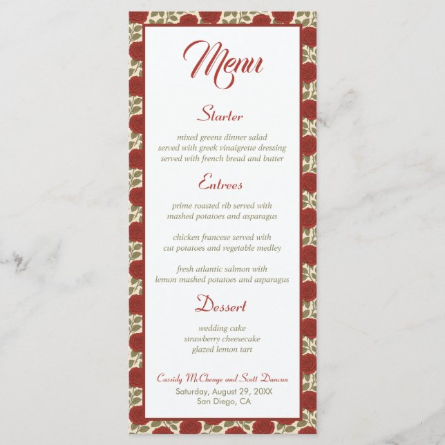 Romantic Victorian Red Rose Wedding Menu (Front)