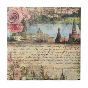 Romantic Vintage Architecture & Roses Collage Art Ceramic Tile