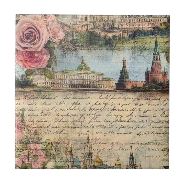 Romantic Vintage Architecture & Roses Collage Art Ceramic Tile (Front)