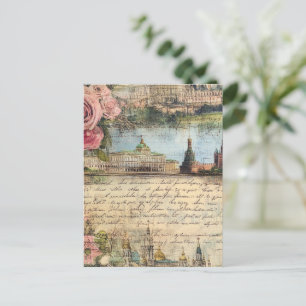 Romantic Vintage Architecture & Roses Collage Art Postcard