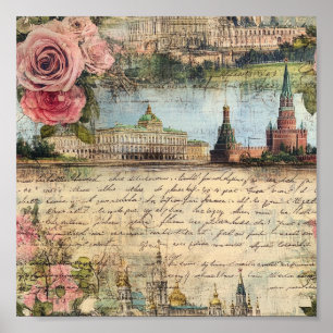 Romantic Vintage Architecture & Roses Collage Art Poster