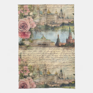 Romantic Vintage Architecture & Roses Collage Art Tea Towel
