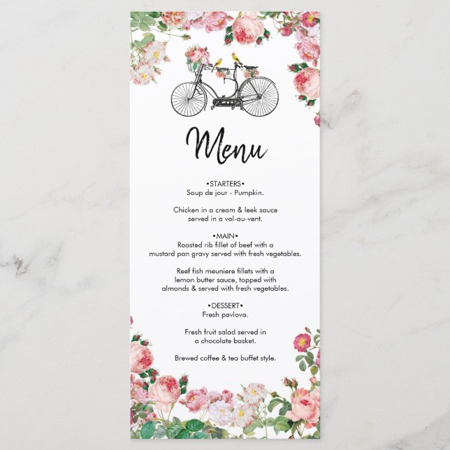 Romantic Vintage Bicycle Flowers & Birds Wedding Menu (Front)