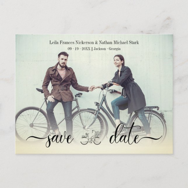 Romantic Vintage Bike Custom Wedding Couple Photo Postcard (Front)