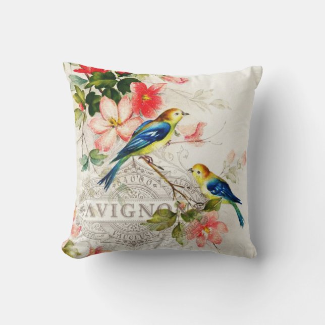 Romantic Vintage Birds White with French script Cushion (Front)