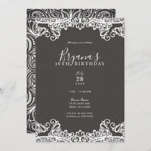 Romantic Vintage Boho White Lace Brown Sweet 16 Invitation
