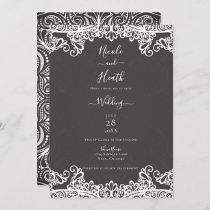 Romantic Vintage Boho White Lace Brown Wedding Invitation