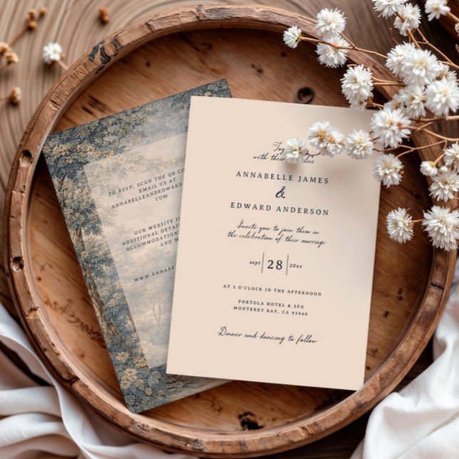 Romantic Vintage Botanical Blue Beige tapestry Invitation (Creator Uploaded)