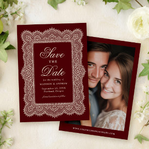 Romantic Vintage Burgundy Lace Wedding Save The Date