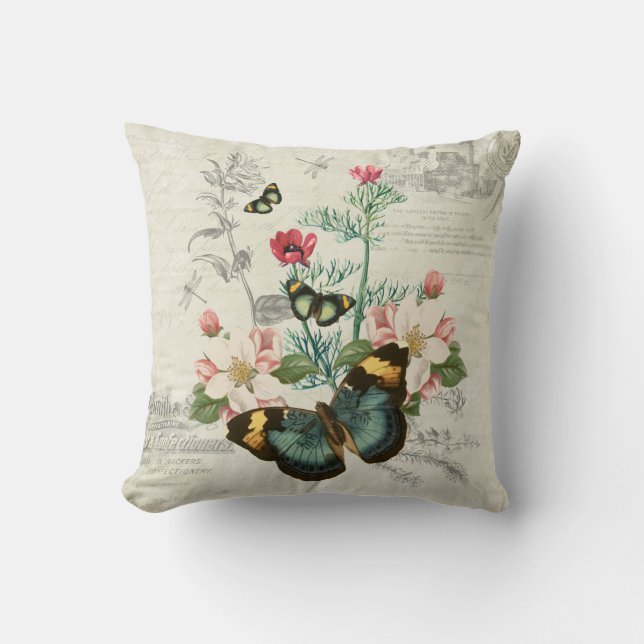 Romantic Vintage Butterflies Wildflowers Ephemera Cushion (Front)