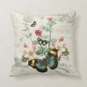 Romantic Vintage Butterflies Wildflowers Ephemera Cushion