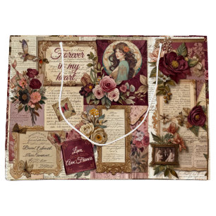 Romantic Vintage Collage -Burgundy Rustic Floral  Large Gift Bag