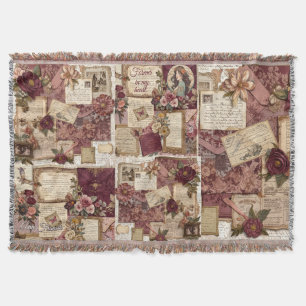 Romantic Vintage Collage Nostalgic Floral Burgundy Throw Blanket