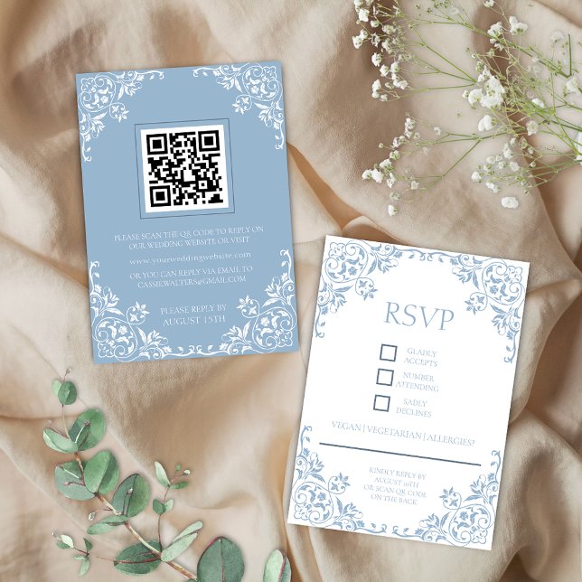 Romantic Vintage Dusty Blue and White RSVP Card (Elegant, romantic dusty blue and white coastal chic qr code wedding rsvp card enclosure french cafe)