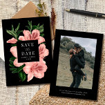 Romantic Vintage Floral Blush Pink Black Wedding Save The Date<br><div class="desc">This beautiful wedding save the date card features a hand painted vintage floral design (azaleas) in blush pink over a black background. It contains simple,  stylish text on the front,  a photo template on the back,  and more text templates on the back for further personalisation.</div>