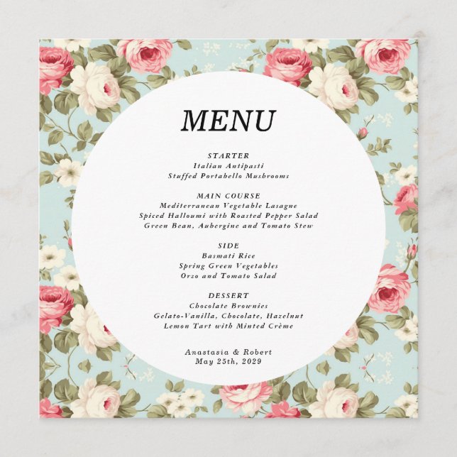 Romantic Vintage Floral Wedding Round Menu Card (Front)