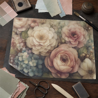 Romantic Vintage Florals in Pink Blue Decoupage  Tissue Paper