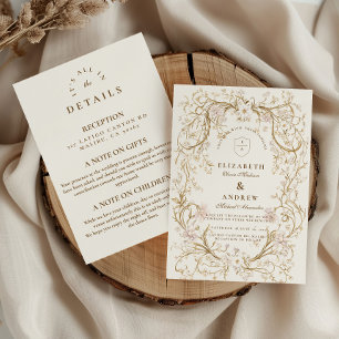 Romantic Vintage Gold Floral Frame + Details Invitation