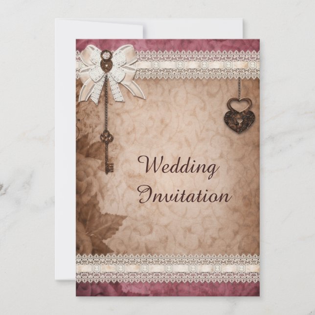 Romantic Vintage Hearts Locks and Keys Wedding Invitation (Front)