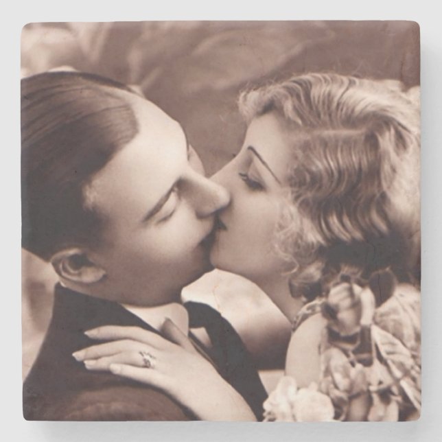 Romantic Vintage Kissing Couple Stone Coaster (Front)