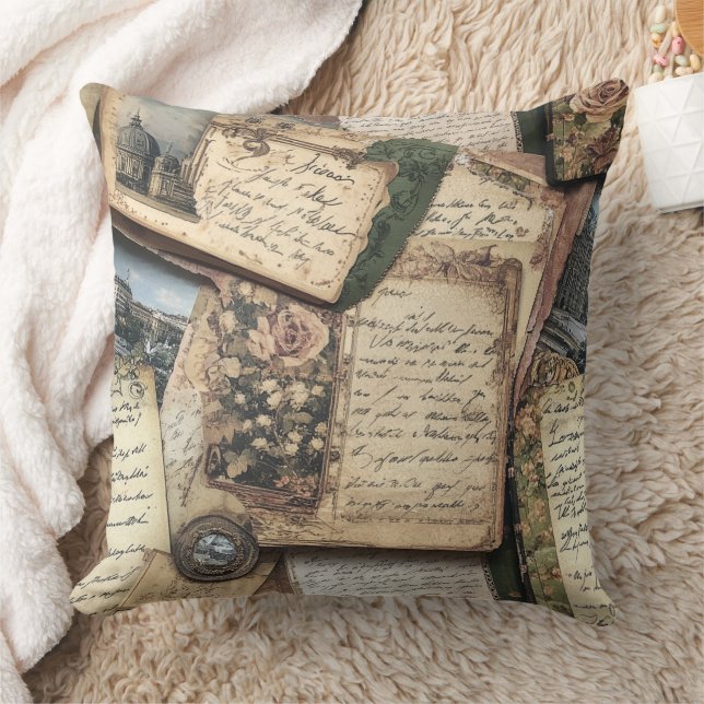 Romantic Vintage Letter Collage with Roses Cushion (Blanket)