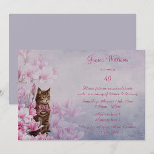 Romantic Vintage Magnolia & Kitten 40th Birthday Invitation