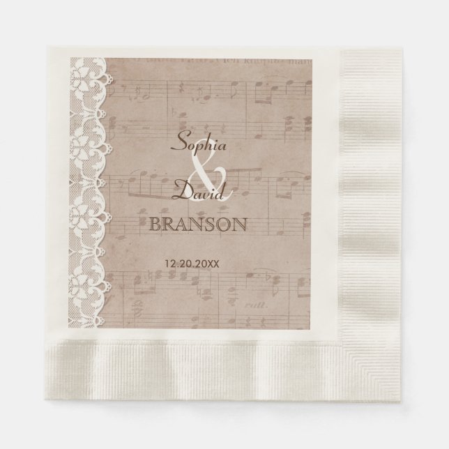 Romantic Vintage Music Sheet & Lace Wedding Napkin (Front)