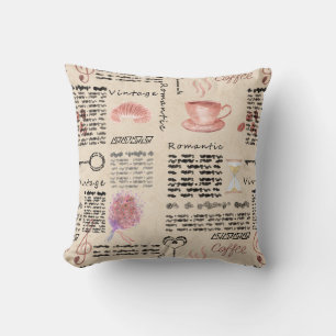 Romantic vintage newspaper cushion