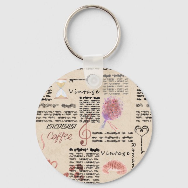 Romantic vintage newspaper key ring (Front)