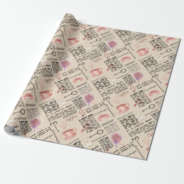 Romantic vintage newspaper wrapping paper (Unrolled)