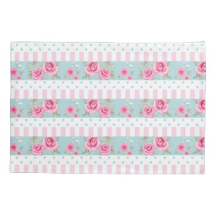 Romantic Vintage Pink & Mint Floral Roses Pattern Pillowcase