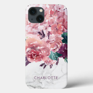 Romantic Vintage Pink Watercolor Floral Marble iPhone 13 Case